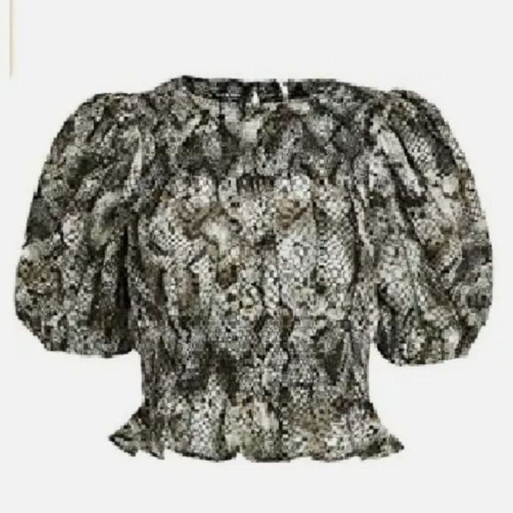 Free People Women's Cotton XOXO Snake Printed Smocked Crop Top Black Size Large - Picture 2 of 7